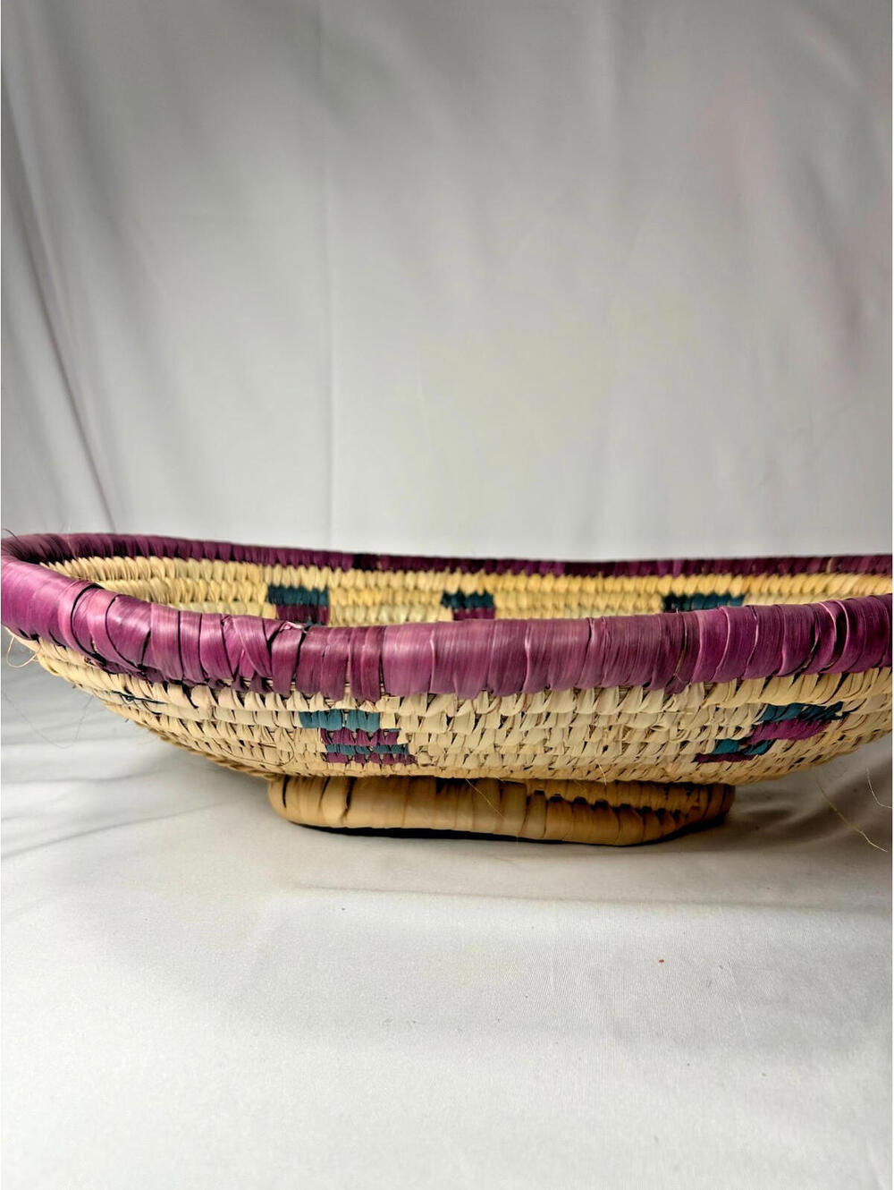 Vintage Handwoven Oval Raffia Basket Purple Teal Leather Bottom Boho Decor